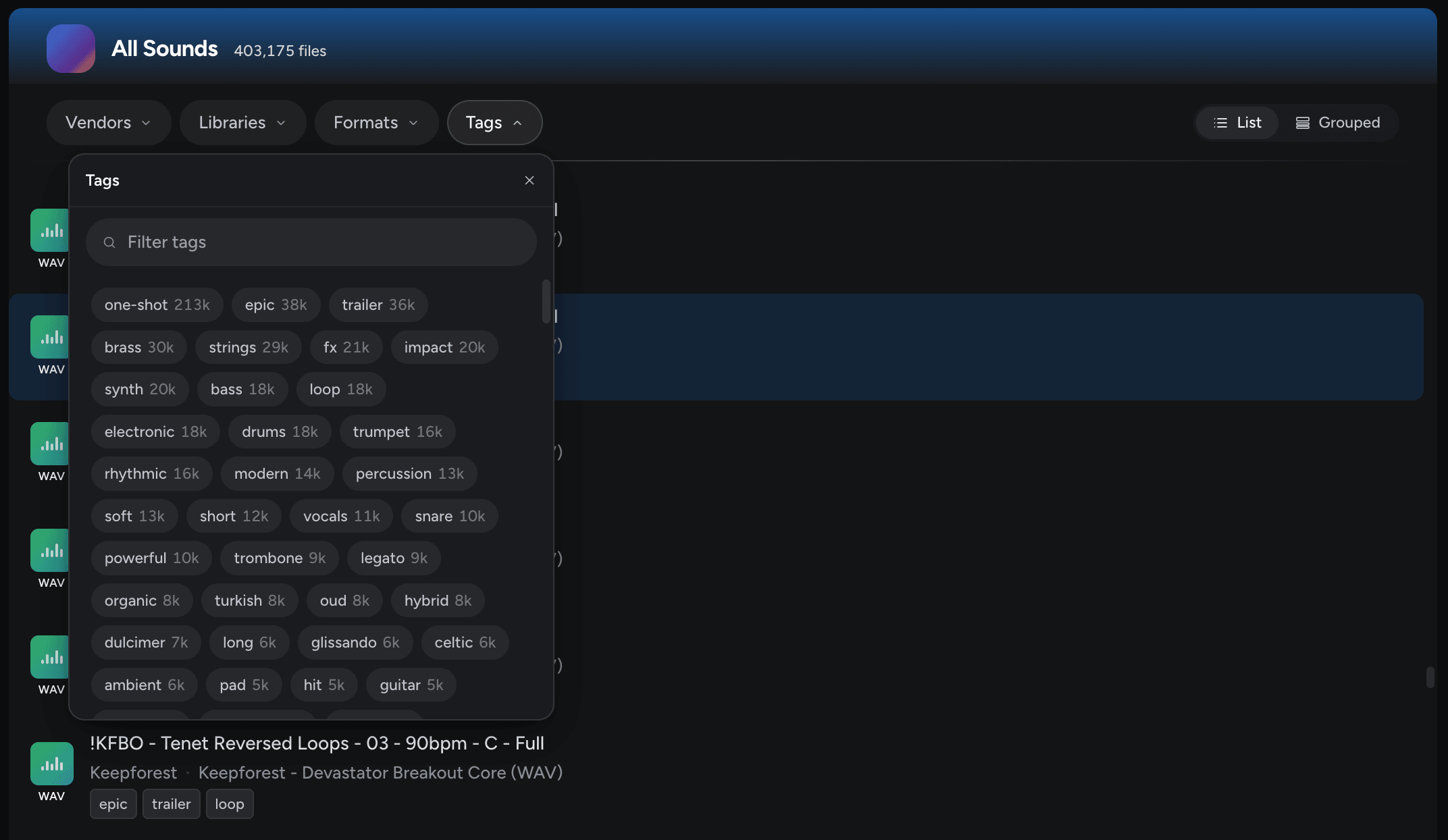 Coda auto-tagging panel showing instrument, vendor, and library