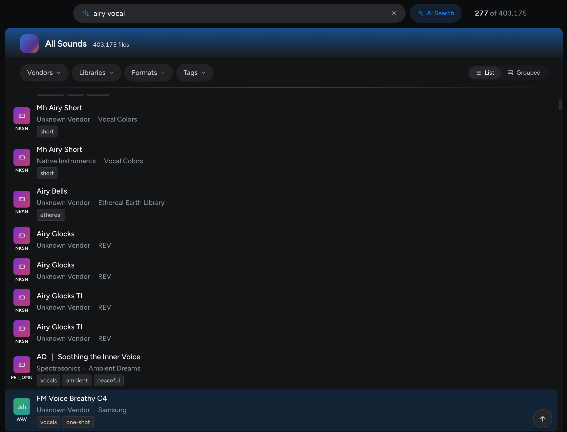 Coda semantic search returning matching sounds
